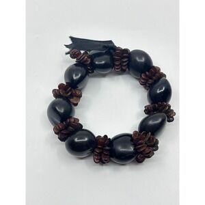 Black Kukui Nut Stretch Bracelet Brown Seed Spacers Ribbon Bow Hawaiian Style
